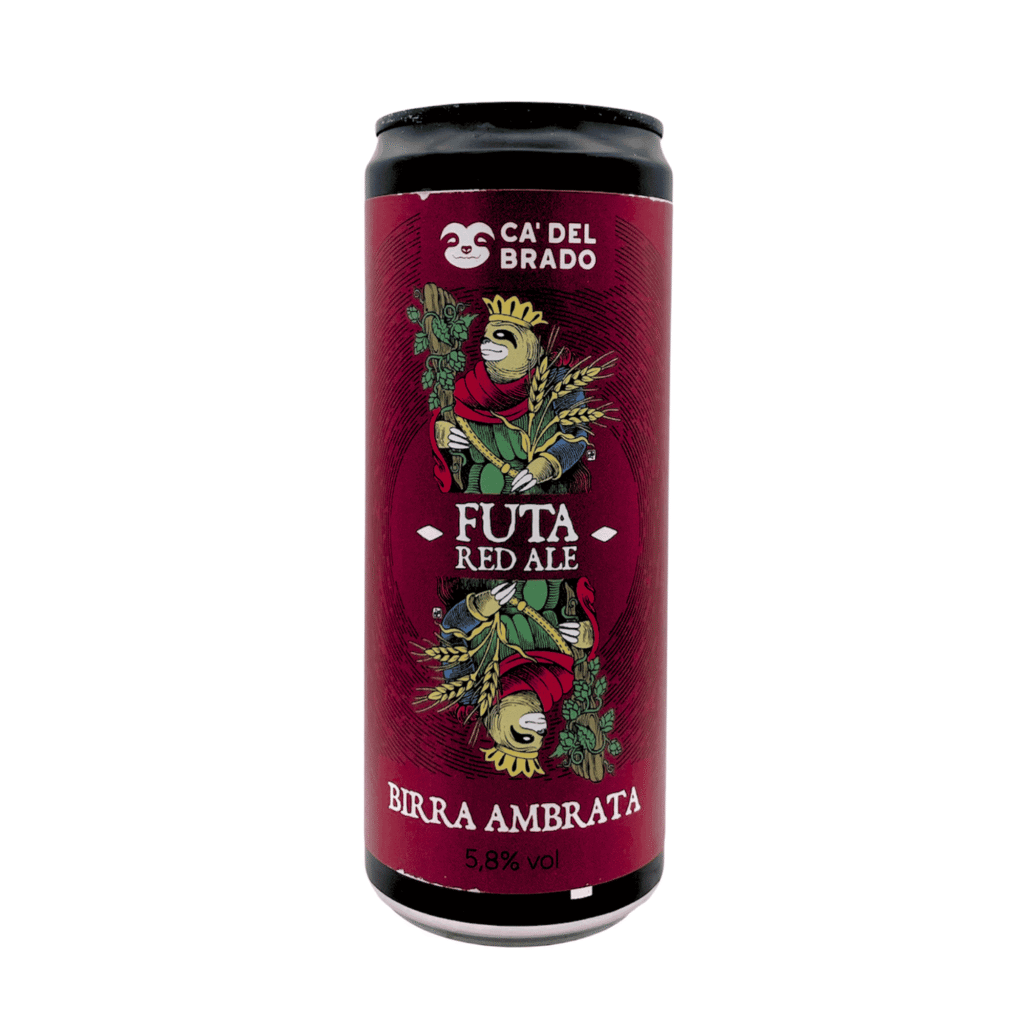 Ca’ del Brado Futa Red Ale blik 0,33 L, een amberkleurige Red Ale van 5,8% met moutig karakter en licht grassig aroma.