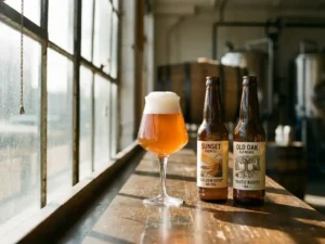 Recepten en Blog 4 Glas gevuld met goudkleurig alcoholvrij IPA-bier met witte schuimkraag op houten bar naast lege craftbierflessen