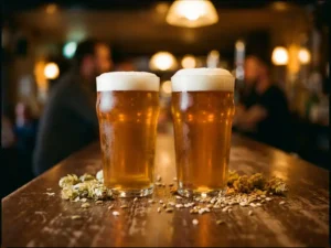 Recepten en Blog 4 Twee identieke bierglazen gevuld met gouden amber IPA op rustieke houten bar, omringd door hopbellen en gerstkorrels