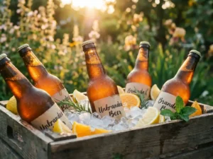 Recepten en Blog 1 Elegante ambachtelijke bierflessen met condensdruppels in gouden zonlicht, gekoeld in houten krat met ijs en verse citrus