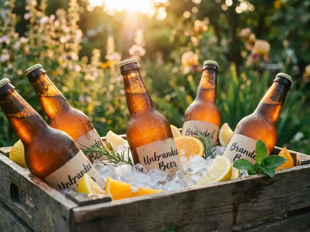 Elegante ambachtelijke bierflessen met condensdruppels in gouden zonlicht, gekoeld in houten krat met ijs en verse citrus