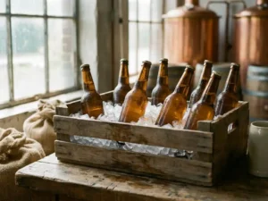 Recepten en Blog 5 Amberen craftbierflessen in vintage houten krat met crushed ijs op rustieke brouwerijtagel bij natuurlijk licht