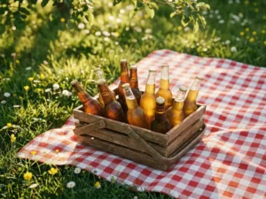 Recepten en Blog 3 Houten picknickmand vol amberen craft bierflessen op geruite deken in zonlicht, condensdruppels glinsterend