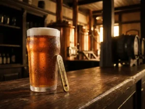 Recepten en Blog 2 Amber IPA bierglas met condensdruppels op rustieke houten bar, gouden bier in warm kroeglicht met vintage thermometer