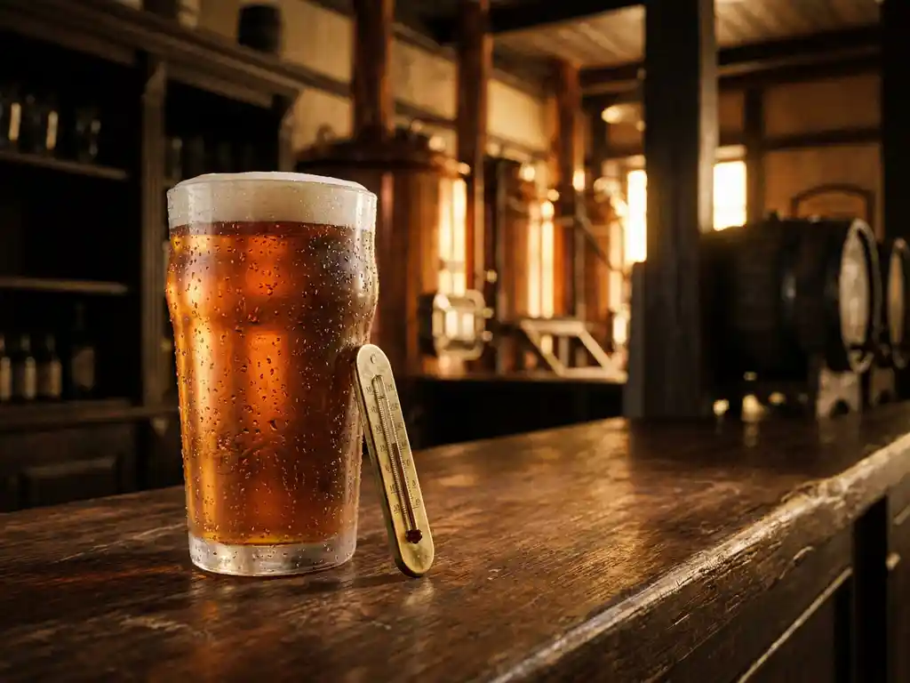 Amber IPA bierglas met condensdruppels op rustieke houten bar, gouden bier in warm kroeglicht met vintage thermometer