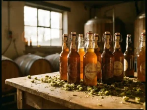 Recepten en Blog 6 Belgische IPA-flessen op rustieke houten brouwerijstafel met hopbellen en warm zonlicht door raam