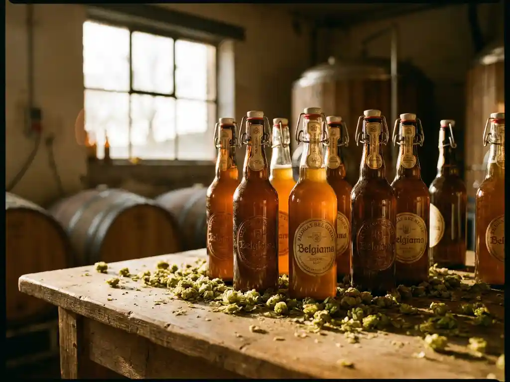 Belgische IPA-flessen op rustieke houten brouwerijstafel met hopbellen en warm zonlicht door raam
