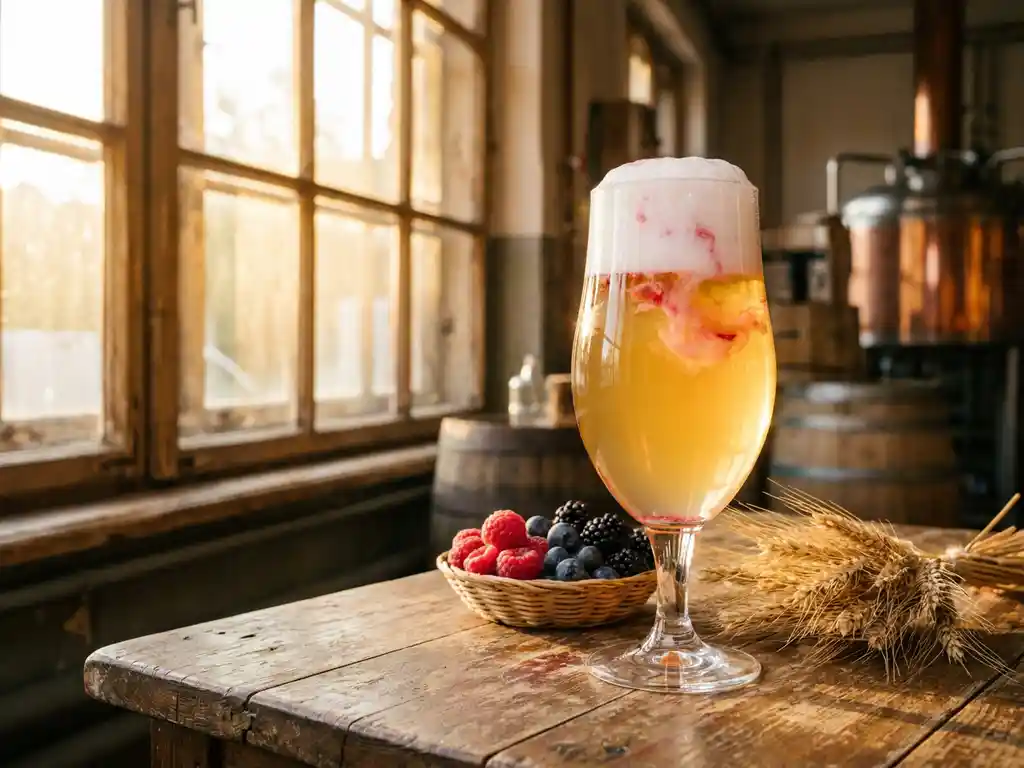 Berliner Weisse bier met frambozenstroop in elegant glas op houten tafel met verse bessen en tarwe aren