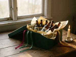 Geschenkbox mit bernsteinfarbenen IPA-Flaschen in Seidenpapier, bunten Bändern und einer brennenden Geburtstagskerze auf einem rustikalen Holztisch
