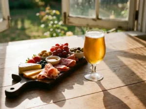 Recepten en Blog 4 Gouden zomerbier in elegant glas naast charcuterieplank met kazen, vleeswaren en bessen op rustieke houten tafel