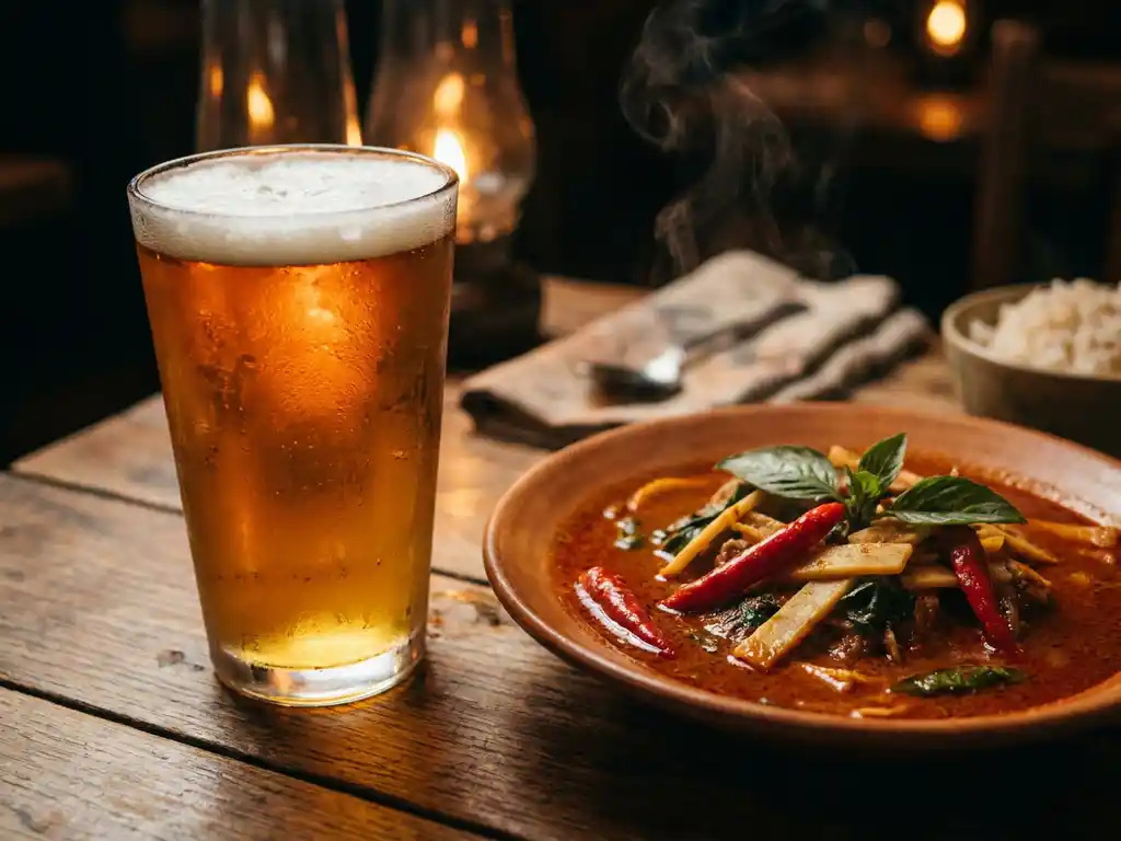 Koud IPA-bierglas met gouden schuim naast dampende rode curry met chilipepers op rustieke houten tafel