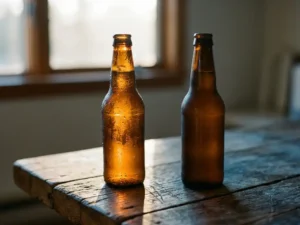 Recepten en Blog 1 Gekühlte bernsteinfarbene Bierflasche mit Kondenswassertropfen neben einer warmen Flasche auf einem rustikalen Holztisch im Wechsel von Sonnenlicht und Schatten