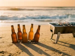 Bernsteinfarbene Bierflaschen im Strandsand neben einem rauchenden tragbaren Grill mit Meereswellen im Hintergrund während der goldenen Stunde