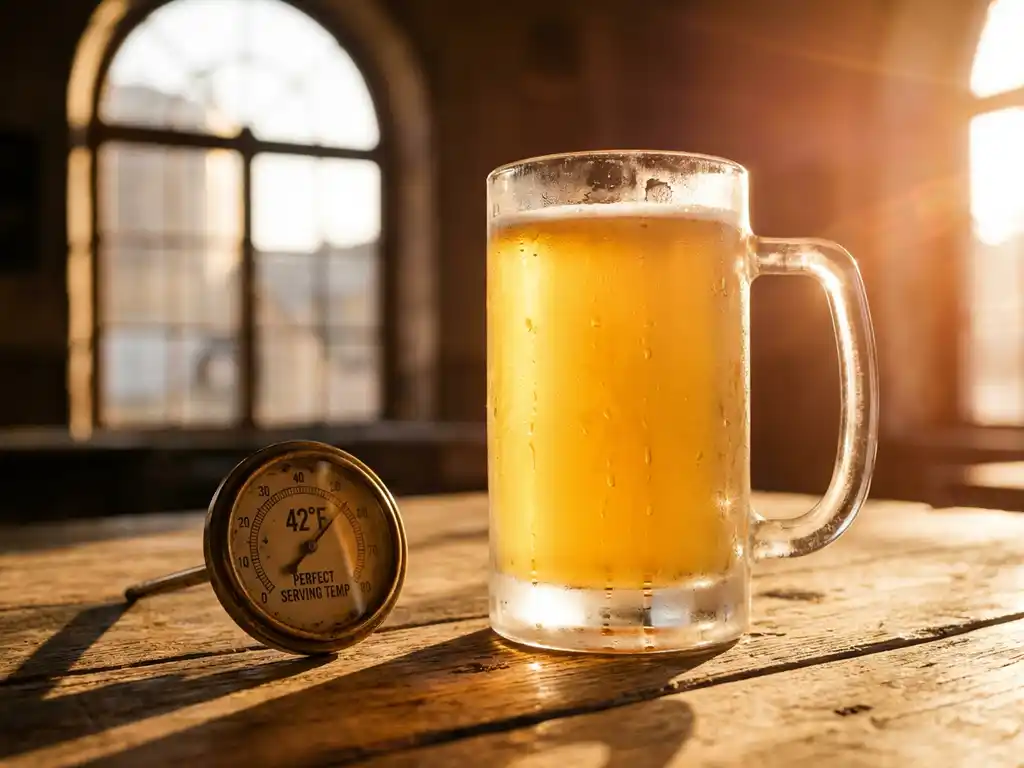 Berijpte bierglas met gouden zomerbier op verweerd houten tafel, condensdruppels glinsteren in warm zonlicht