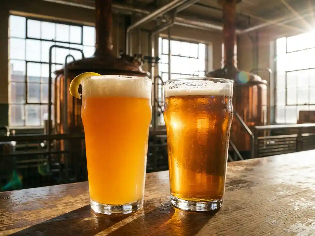 Twee hoge bierglazen op rustieke houten bar, één met gouden zomerbier met citrusschuim, één met blonde bier, condensdruppels in zonlicht