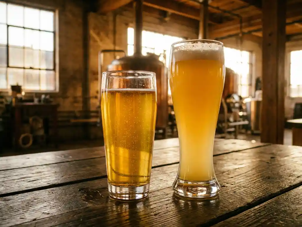 Twee elegante bierglazen op rustieke houten brouwerijstafel, gevuld met gouden saison en troebel tarwebier in warm zonlicht