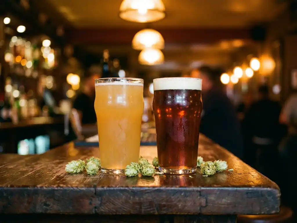 Twee craft bier glazen op rustieke houten bar, Session IPA en gewone IPA met hopbellen, warme kroegverlichting