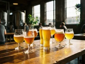 Recepten en Blog 6 Elegante bierglazen gevuld met gouden zomerbieren op houten brouwerijstafel, zonlicht creëert natuurlijke highlights