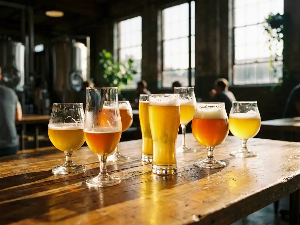 Elegante bierglazen gevuld met gouden zomerbieren op houten brouwerijstafel, zonlicht creëert natuurlijke highlights