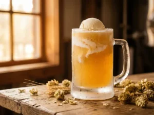 Recepten en Blog 4 Berijpte glazen mok met gouden tarwebier en vanille-ijs dat smelt, condensdruppels op glas, houten brouwerstafel met hopbloemen