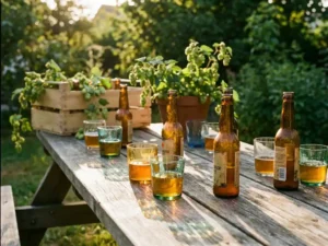 Recepten en Blog 2 Houten picknicktafel met amberen craftbierflessen en kleurrijke glazen in gouden zonlicht, groene tuinachtergrond