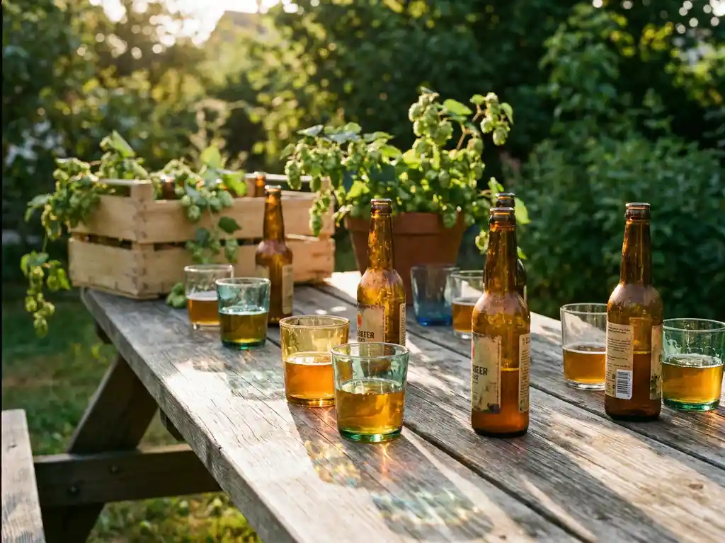 Houten picknicktafel met amberen craftbierflessen en kleurrijke glazen in gouden zonlicht, groene tuinachtergrond