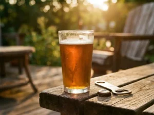 Recepten en Blog 1 Gouden zomerbier in gekoeld glas met condensdruppels op verweerde houten planken, flesopener en kroonkurk ernaast