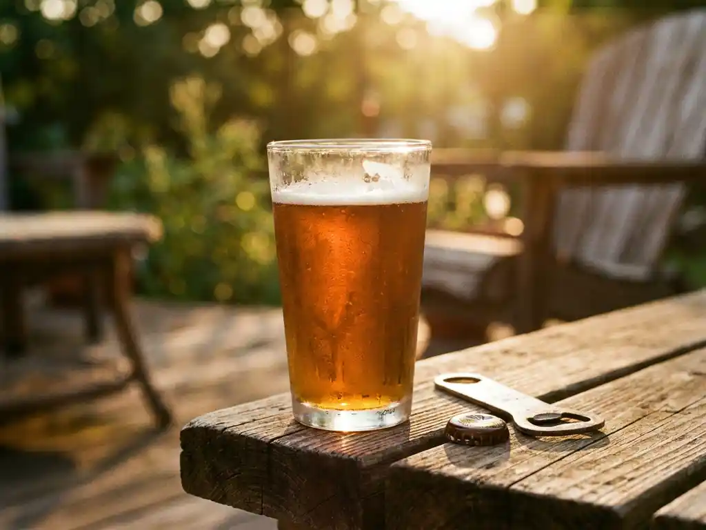 Gouden zomerbier in gekoeld glas met condensdruppels op verweerde houten planken, flesopener en kroonkurk ernaast