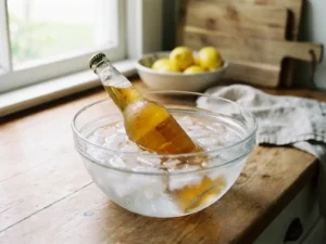 Recepten en Blog 3 Gouden bierfles gekoeld in glazen kom met ijsblokjes op houten keukentafel, condensdruppels op glas