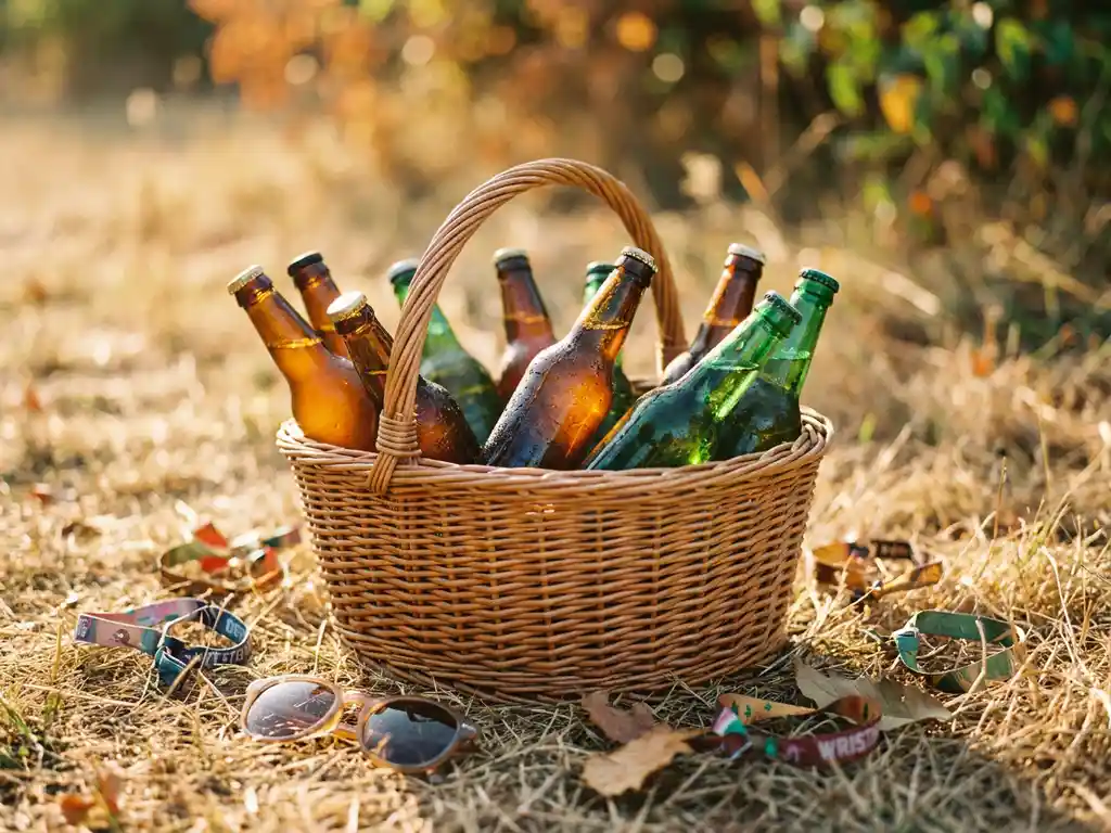 Kleurrijke ambachtelijke bierflesjes in rieten festivalmand op gras met zonnebrillen en polsbandjes