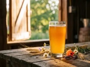 Goldfarbenes Bauernbier in einem rustikalen Glas auf verwittertem Holz, umgeben von Weizenhalmen und Wildblumen im warmen Sonnenlicht