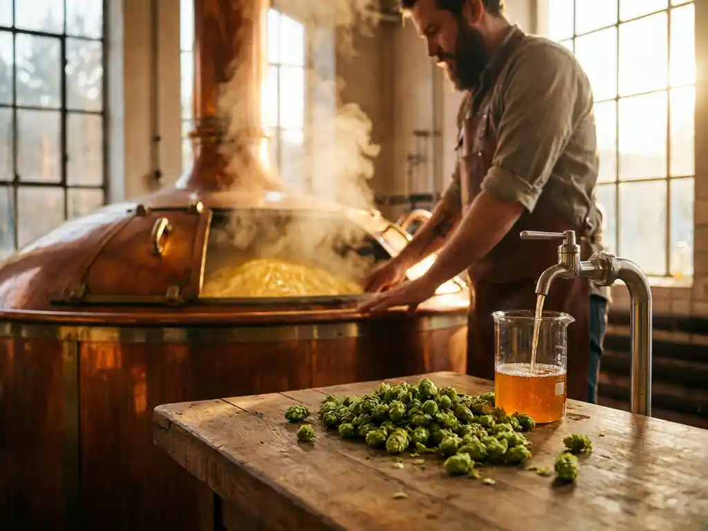 Koperen brouwketel met stoom, verse hopbellen op houten tafel, amber wort stromend uit kraan in glazen beker