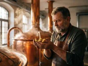 Recepten en Blog 1 Ein Braumeister untersucht goldene Hopfenblüten in seinen Händen neben glänzenden Kupferbraukesseln, aus denen Dampf aufsteigt
