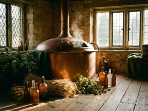 Kupferner Braukessel mit Dampf in einer rustikalen englischen Brauerei, goldene Gerste und Hopfen auf Holzbrettern neben Glasflaschen