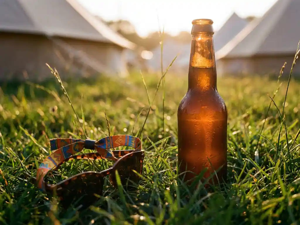 Amberen craftbier fles met condensdruppels in groen gras naast festivalpols en zonnebril tijdens gouden uur