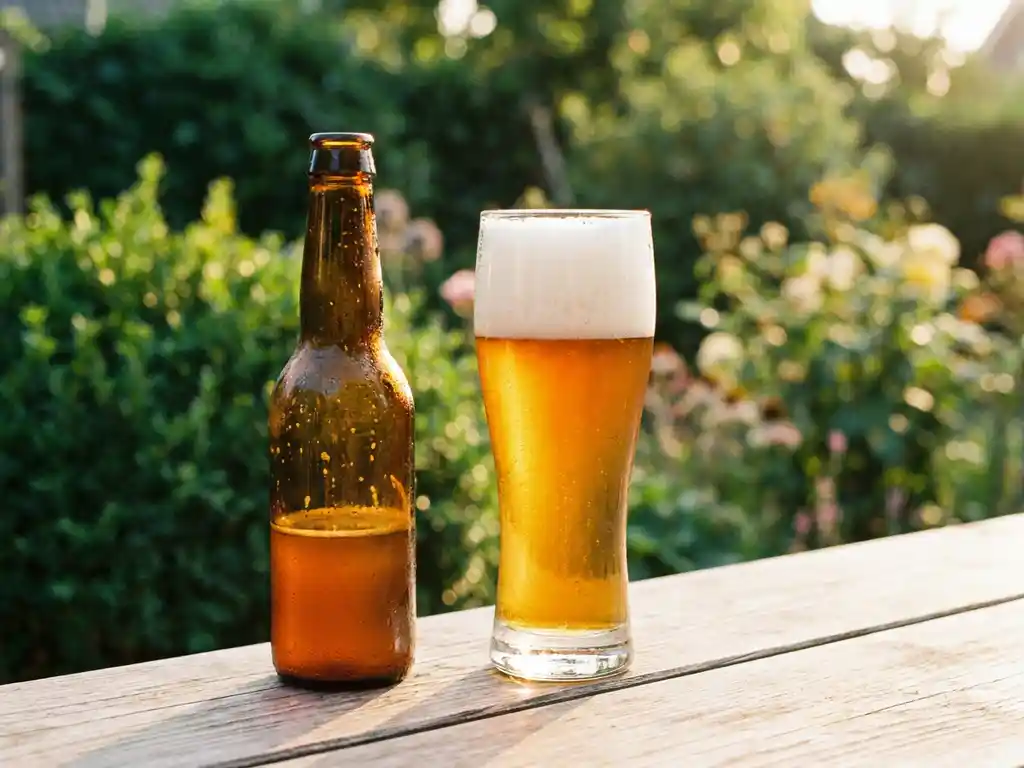Gekoelde craft beer fles met condensdruppels naast glas gouden bier met schuimkraag op verweerde houten planken