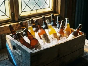 Recepten en Blog 1 Ambachtelijke bierflesjes in gouden en amber tinten in houten krat met ijs, condensdruppels glinsterend in zonlicht