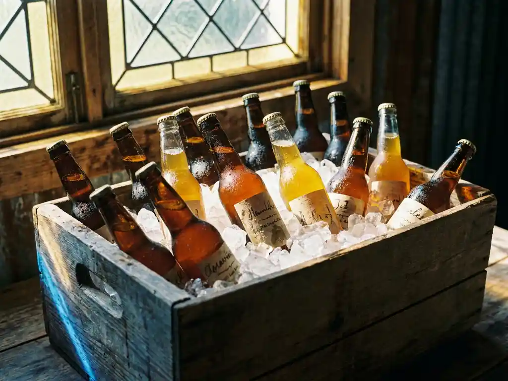 Ambachtelijke bierflesjes in gouden en amber tinten in houten krat met ijs, condensdruppels glinsterend in zonlicht
