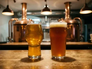 Recepten en Blog 4 Twee ambachtelijke bierglazen op rustieke houten bar, één met gouden APA en één met koperkleurige IPA met schuimkraag
