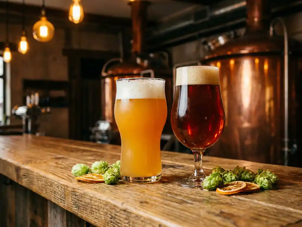 Twee craft bier glazen op rustieke houten bar, gouden hazy IPA en donkere amber IPA met hopbellen en sinaasappelschil