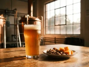 Recepten en Blog 5 Ein beschlagenes IPA-Glas mit goldfarbenem Amberbier auf einem rustikalen Holztisch neben keto-freundlichen Snacks im warmen Licht einer Brauerei