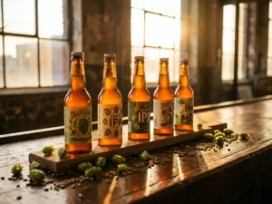 Recepten en Blog 2 Houten proeverijplank met vijf ambachtelijke IPA-flessen op rustieke brouwerijbar, omringd door verse hopbellen en gerstkorrels