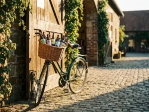 Recepten en Blog 5 Vintage fiets met rieten mand vol ambachtelijke bierflessen voor rustieke Nederlandse brouwerij met hopranken en kasseien