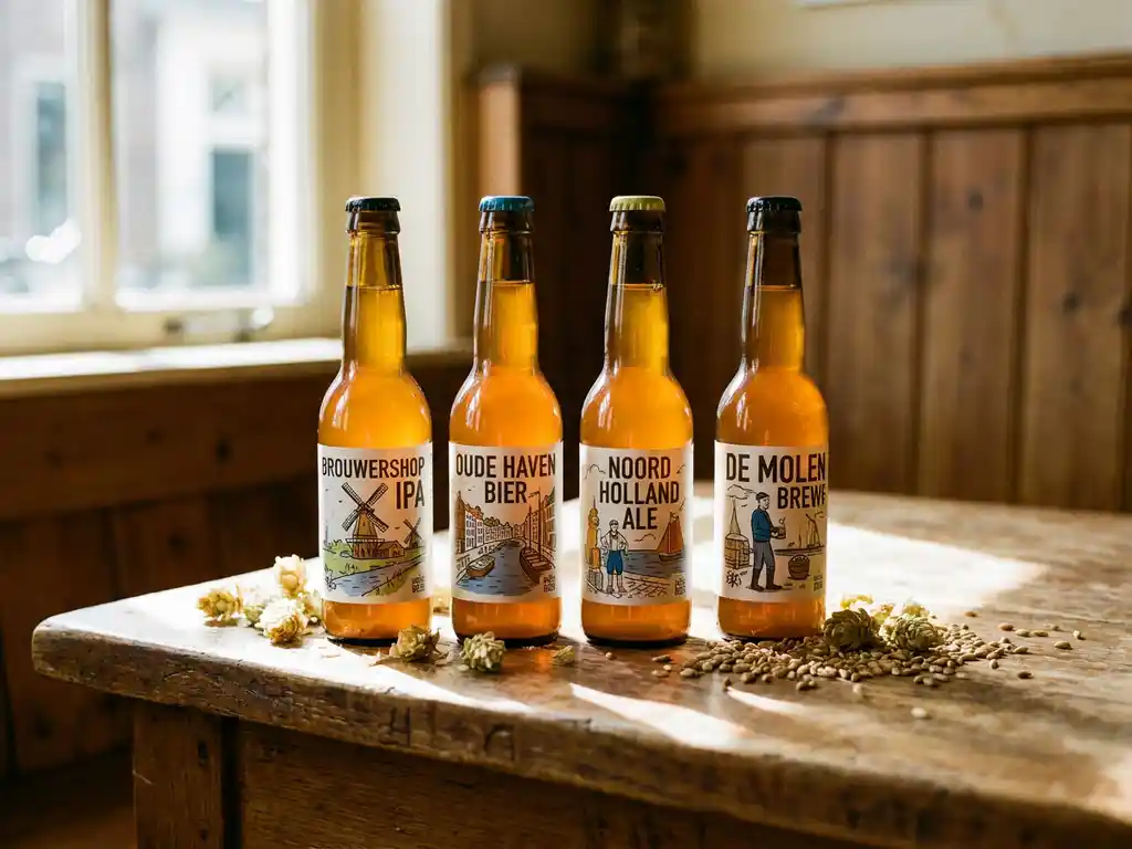 Vier verschillende Nederlandse IPA-flessen met amberen bier op verweerde houten tafel, omringd door hopbellen en gerstkorrels in warm goudkleurig licht