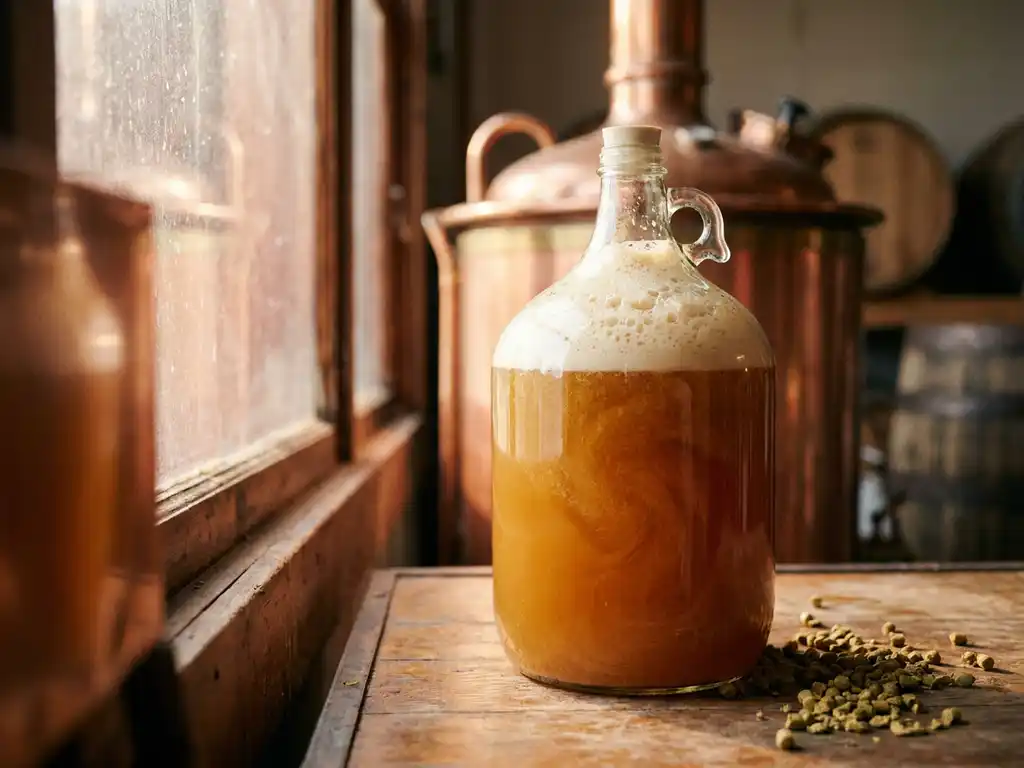 Actieve gistschuim borrelt krachtig in glazen gistingstank met gouden wort, hopkorrels op houten brouwerijstafel