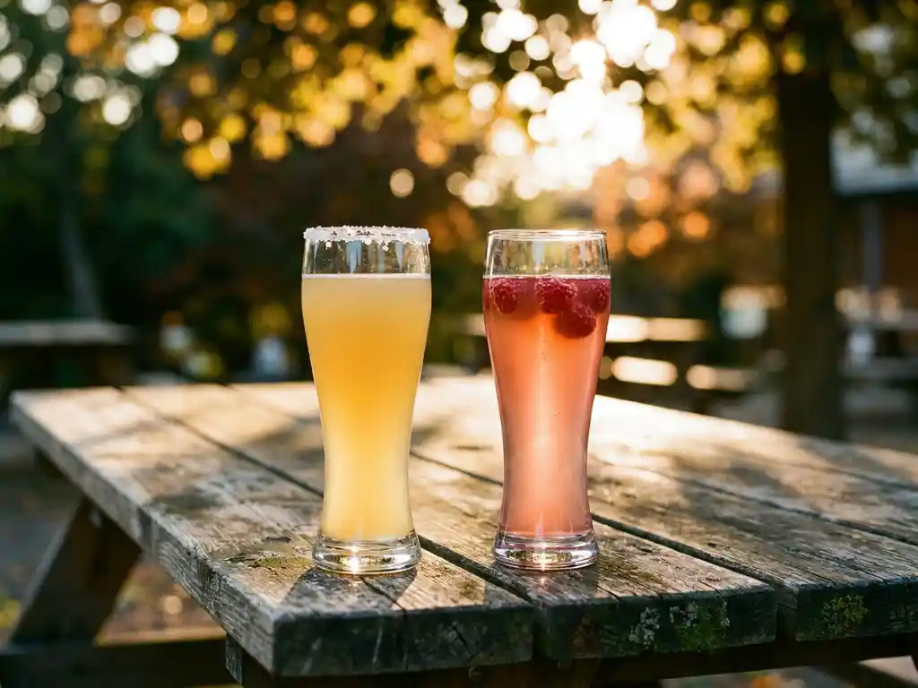 Twee slanke bierglazen op verweerde houten picknicktafel, een met troebele Gose en zoutkristallen, ander met roze Berliner Weisse en frambozen