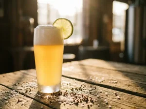 Recepten en Blog 3 Gose bier in beslagen glas met limoen garnering op rustieke houten tafel met zeezout en korianderzaad