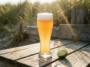 Recepten en Blog 3 Gose bierglas gevuld met troebel tarwebier en witte schuimkraag op verweerd hout naast zeezoutkristallen en gehalveerde limoen