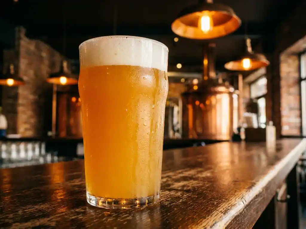 Beslagen glas hazy IPA bier met gouden schuimkraag op rustieke houten bar, brouwerij op achtergrond