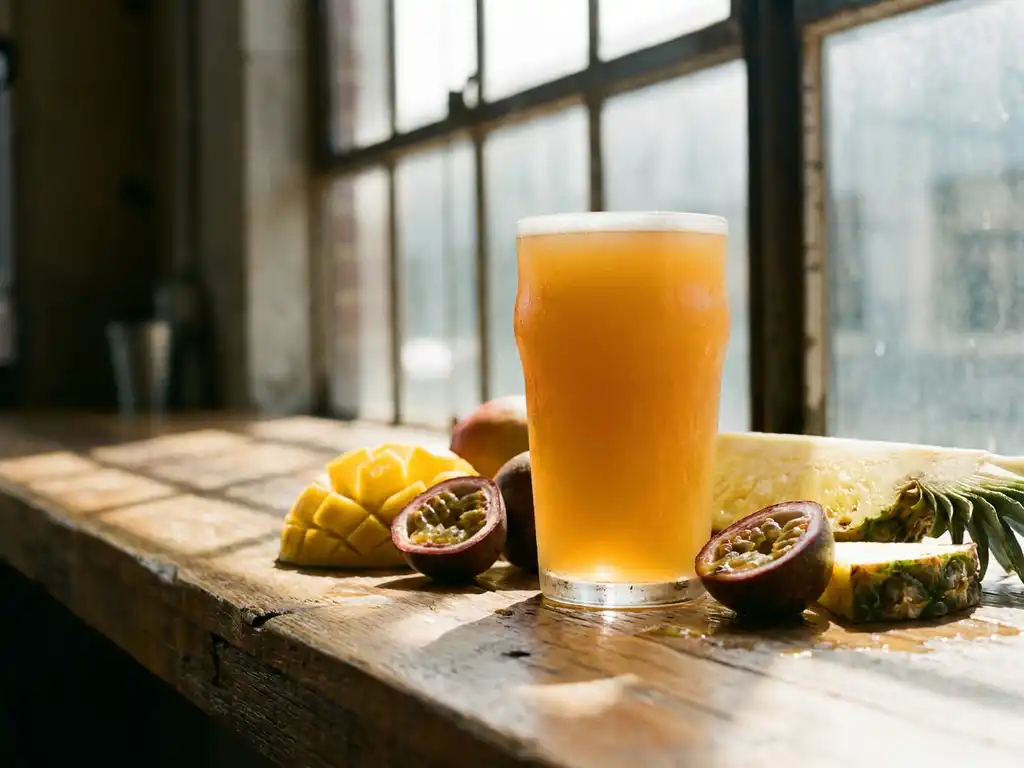Troebele gouden IPA-bier in beslagen glas op houten bar met verse mango, passievrucht en ananas, zonlicht door brouwerij raam